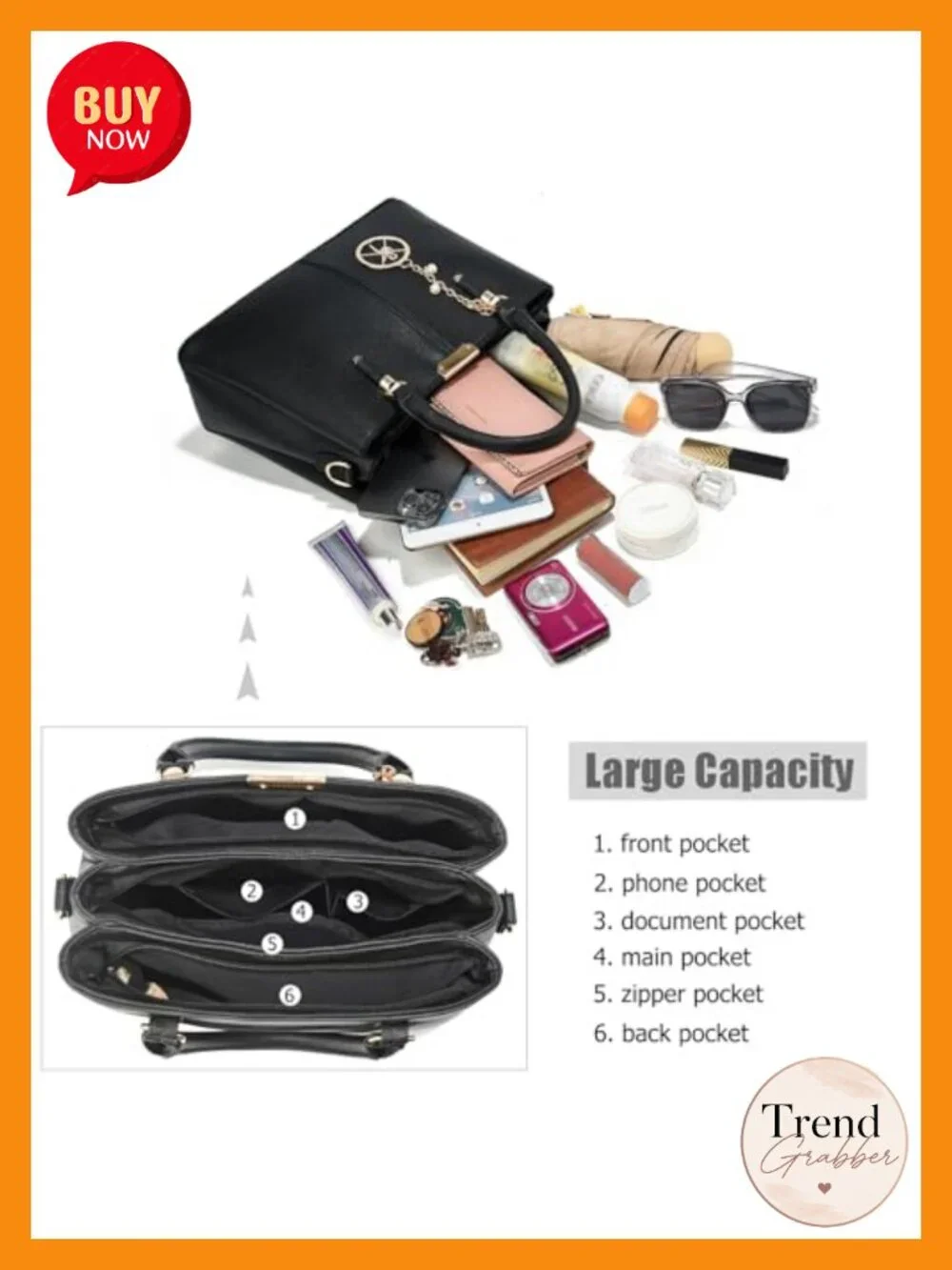 3 Zip Compartments Faux Leather Tote Satchel Handbag Shoulder Bag Top Handle